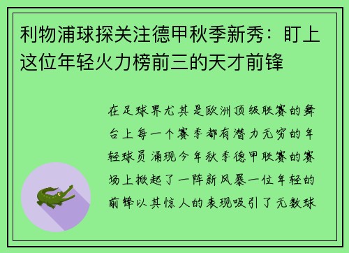 利物浦球探关注德甲秋季新秀：盯上这位年轻火力榜前三的天才前锋