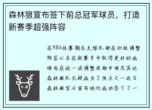 森林狼宣布签下前总冠军球员，打造新赛季超强阵容