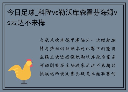 今日足球_科隆vs勒沃库森霍芬海姆vs云达不来梅