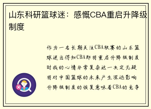 山东科研篮球迷：感慨CBA重启升降级制度