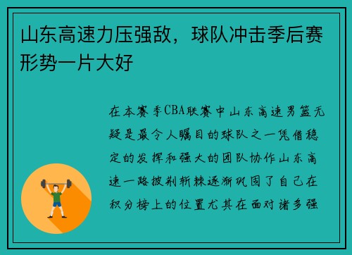 山东高速力压强敌，球队冲击季后赛形势一片大好