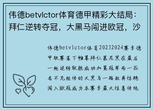 伟德betvlctor体育德甲精彩大结局：拜仁逆转夺冠，大黑马闯进欧冠，沙尔克04降级！ - 副本