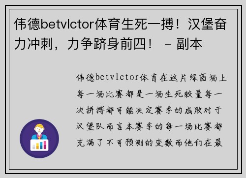 伟德betvlctor体育生死一搏！汉堡奋力冲刺，力争跻身前四！ - 副本